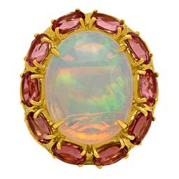14k Yellow Gold 10.52ct Opal 8.67ct Pink Tourmaline 1.10ct Diamond Ring