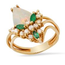 14K Yellow Gold Setting with 2.00ct Opal, 0.15ct Emerald and 0.25ct Diamond Ladies Ring