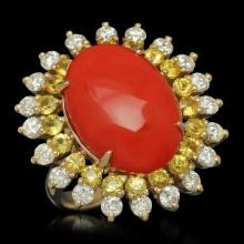 14K Yellow Gold 8.0ct Coral 1.79ct Sapphire and 1.47ct Diamond Ring