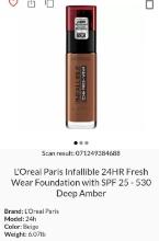 L'Oreal Infallible 24H Fresh Wear Foundation w/SPF 25, 530 Deep Amber, Retail $18.00