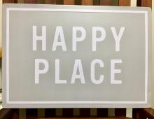 Happy Place Front Gray and White Decorative Metal Hanging Sign, Approx. 20" x 14"