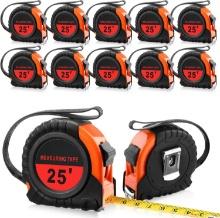 12 Pieces 25 ft Tape Measures, Bulk Retractable Measuring Tapes w/Pause Buttons