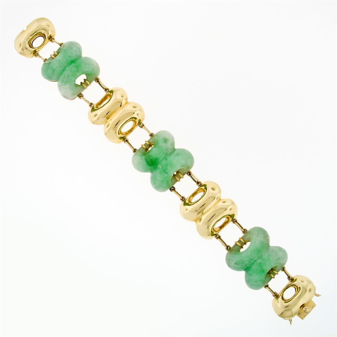 Vintage Large Wide Heavy Alternating Pierced Jade & Solid 14k Gold Bracelet