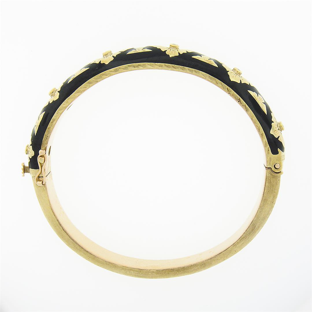 Vintage 14k Gold .18 ctw Diamond Black Enamel Engraved Hinged Open Bangle Bracel