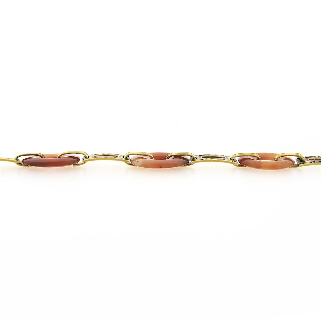 Antique 6.5" 14k Yellow Gold Orange Agate Orange & Green Enamel Link Bracelet