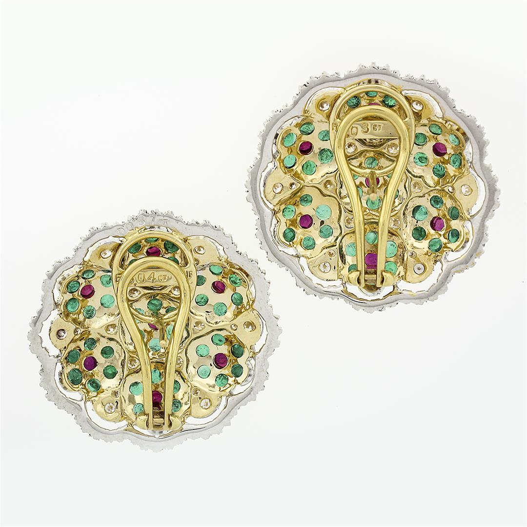Estate 18k Gold Emerald Ruby Diamond Daisy Flower Large Colorful Button Earrings