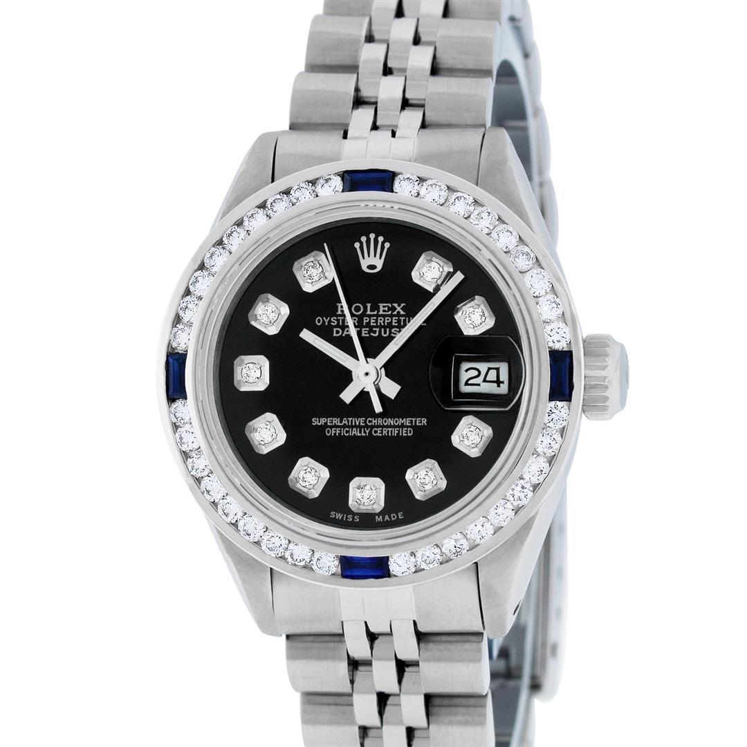 Rolex Ladies Stainless Steel Black Diamond And Channel Set Sapphire Wristwatch