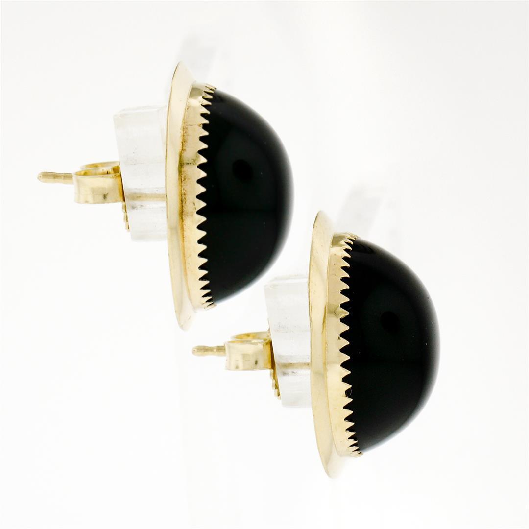 Vintage 14K Yellow Gold Round Cabochon Black Onyx Button Earrings w/ Plain Frame