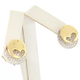 Movado 18K Two Tone Gold 1.80 ctw FINE Round Diamond & Heart Disk Button Earring