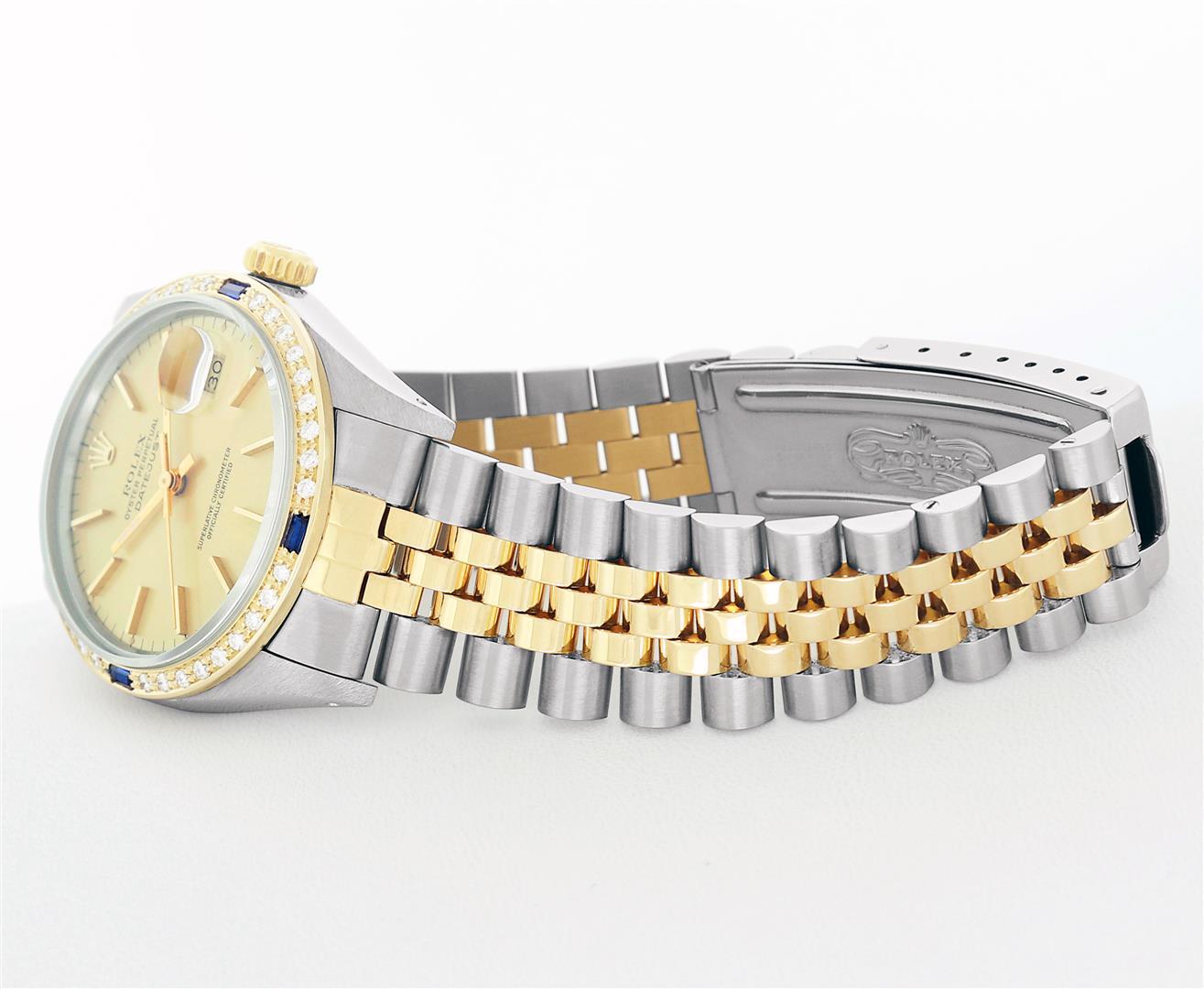 Rolex Mens Champagne Index Dial 18K Yellow Gold Sapphire And Diamond Bezel Datej