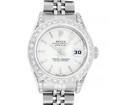 Rolex Ladies Quickset Stainless Steel Silver Index 18K White Gold Diamond Bezel