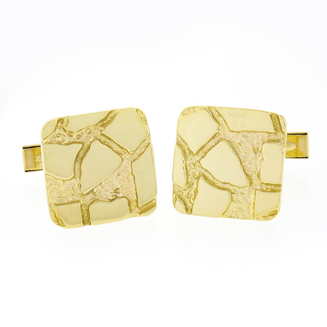 Mens Solid 14k Yellow Gold Nugget Textured & Polished Crackled Square Cuff Links