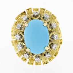 Vintage 14k Gold Cabochon Turquoise.36 ctw Diamond Textured Layered Cocktail Rin