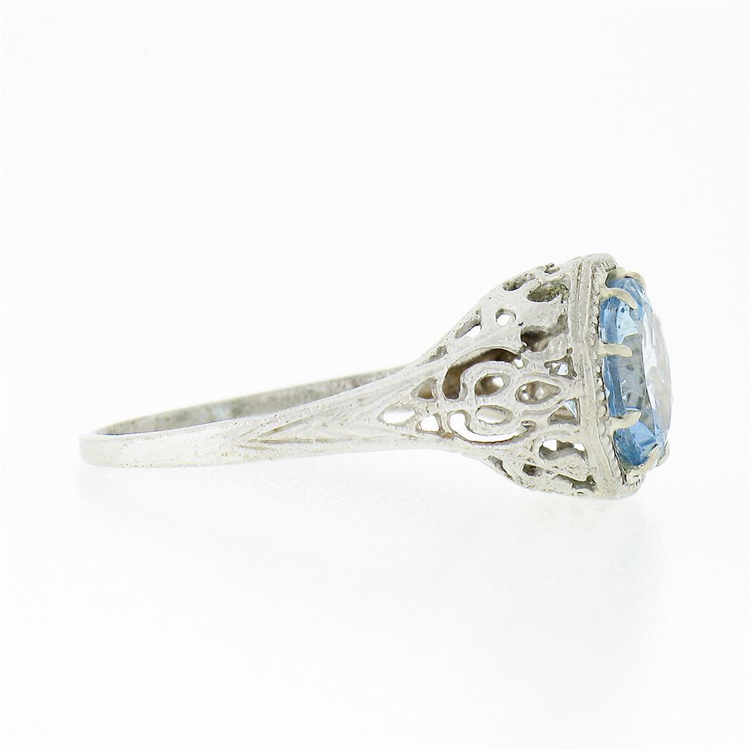 Vintage 14K White Gold 1.32 ctw Round Aquamarine Solitaire Open Filigree Work Ri