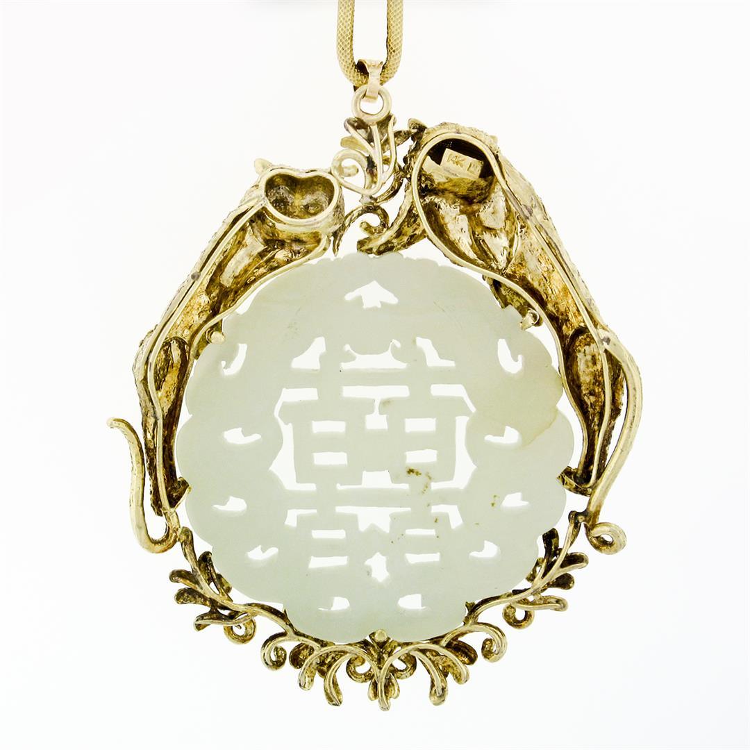 Vintage Large 14k Gold Carved Pierced Jade Pendant w/ Detailed Dual Cat Frame