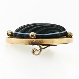 Antique Victorian 18k Gold Banded Black Agate Shell Pearl Mourning Locket Brooch