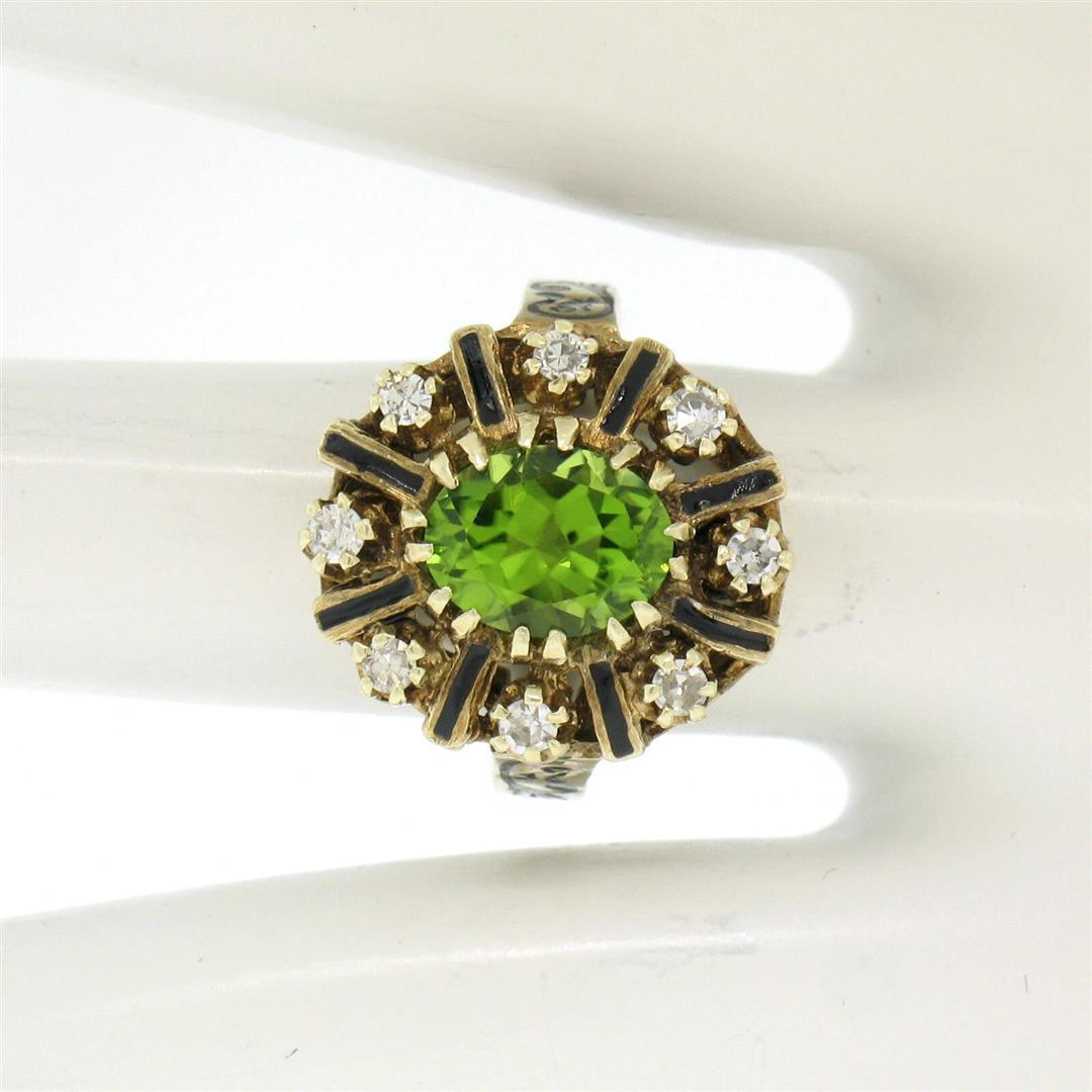 Vintage 14K Yellow Gold 2.43 ctw Oval Peridot Diamond & Black Enamel Halo Ring