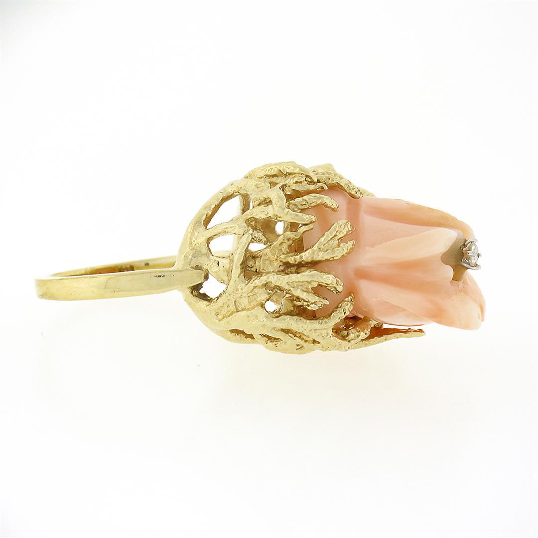 Vintage 14k Gold Rose Carved Coral High Relief Diamond Center Open Freeform Ring