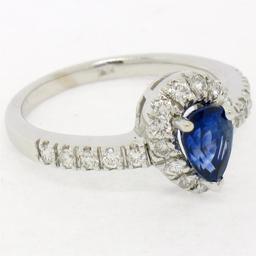 14k White Gold 1.33 ctw FINE Pear Sapphire Solitaire Ring w/ Round Diamond Halo