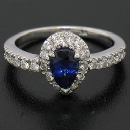 14k White Gold 1.33 ctw FINE Pear Sapphire Solitaire Ring w/ Round Diamond Halo