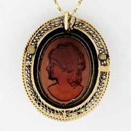 Vintage 14k Yellow Gold Carved Cameo w/ Seed Pearl Frame Halo Pendant Necklace