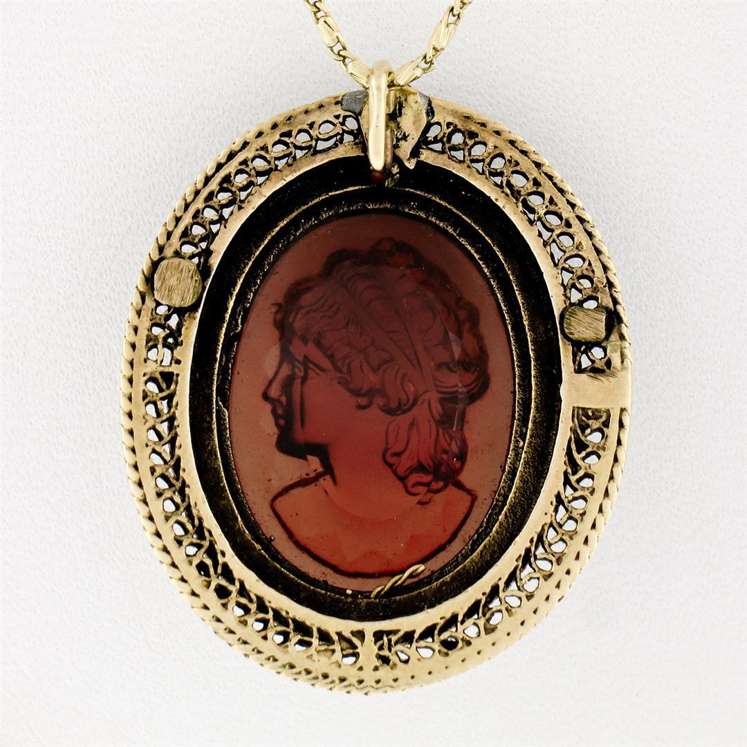 Vintage 14k Yellow Gold Carved Cameo w/ Seed Pearl Frame Halo Pendant Necklace