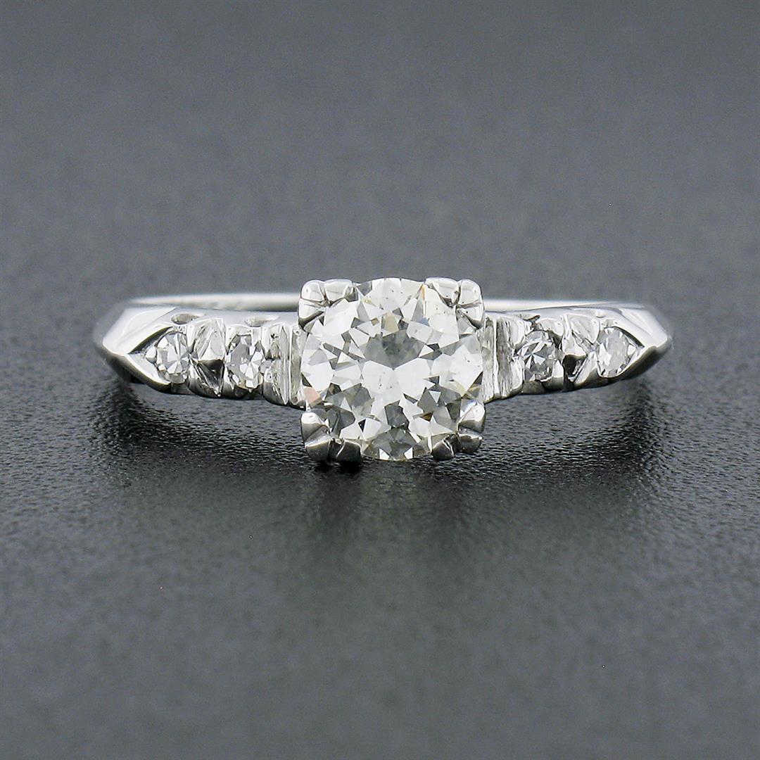 Vintage 14K White Gold.73 ctw Transitional Cut Diamond Engagement Ring w/ Accent