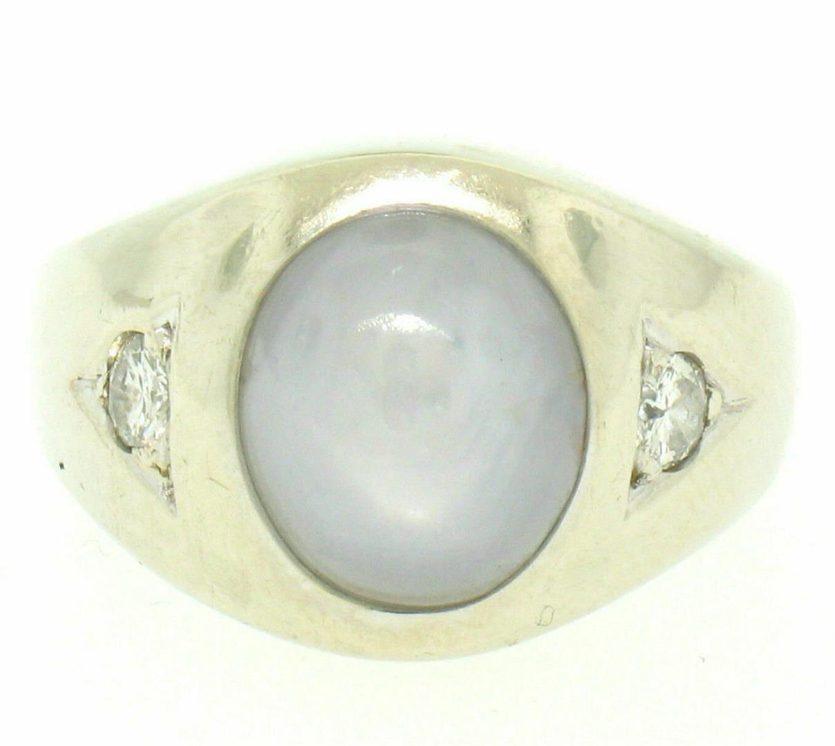 Men's Vintage 14k White Gold 7.24 ctw Oval Gray Star Sapphire Round Diamond Ring