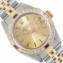 Rolex Ladies Two Tone Champagne Index Diamond And Ruby Date Wristwatch