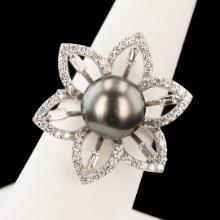 10mm South Sea Cultured Pearl and 1.12 ctw Diamond 14K White Gold Ring