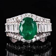 2.34 ctw Emerald and 0.64 ctw Diamond 14K White Gold Ring