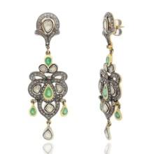 1.44 ctw Emerald and 1.77 ctw Diamond 925 Silver Dangle Earrings