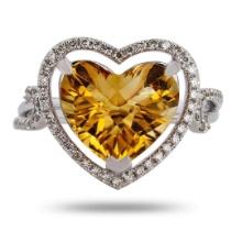 3.63 ctw Heart Shaped Citrine and 0.21 ctw Diamond 14K White Gold Ring