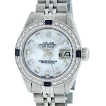 Rolex Ladies Quickset Stainless Steel White Diamond And Sapphire Datejust Wristw