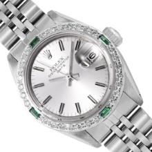 Rolex Ladies Stainless Steel Silver Index Dial Diamond And Emerald Bezel Date Wi