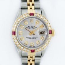 Rolex Ladies Quickset Two Tone 18K Yellow Gold And Steel Silver Diamond And Ruby
