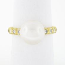 18k Yellow Gold 10.50mm Cultured Pearl Solitaire Round Bezel Diamond Beaded Ring