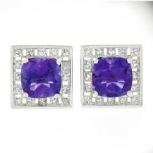 Unique 18k Gold 4.6 ctw Cushion Amethyst Channel Diamond Halo Square Stud Earrin