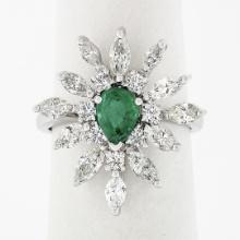 Vintage 18k White Gold 2.24 ctw Pear Emerald Marquise Diamond Spray Cocktail Rin