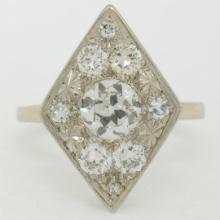 Antique 14K White Gold 1.67 ctw European & Single Cut Diamond Rhombus Platter Ri