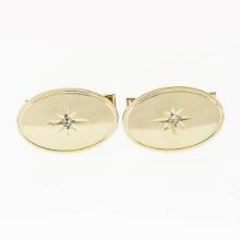 Vintage 14k Gold 0.04 ctw Round Single Cut Diamond Etched Polished Oval Cufflink