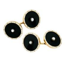 Antique Men's 14k Gold Black Onyx Disk Natural Pearls White Enamel Cuff Links