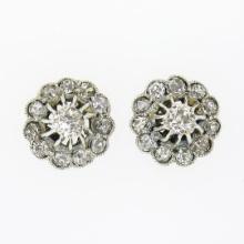 Antique Victorian 14k TT Gold 0.55 ctw Old Diamond Flower Cluster Stud Earrings