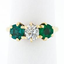 Antique Victorian 14k Gold 0.65 ctw Old Mine Cut Diamond Green Stone 3 Stone Rin