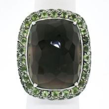 18K White Gold 37.60 ctw Large Faceted Smokey Topaz Solitaire & Peridot Halo Rin