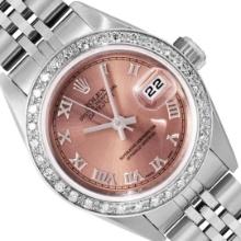 Rolex Ladies Stainless Steel Salmon Roman 18K White Gold Diamond Bezel Datejust