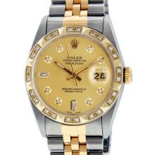 Rolex Mens Two Tone Champagne Diamond Pyramid Bezel Datejust Wristwatch