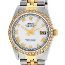 Rolex Mens Two Tone White Roman Diamond Bezel 36MM Datejust Wristwatch