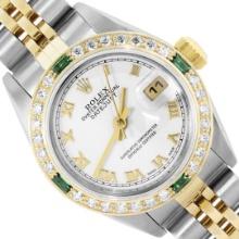 Rolex Ladies Two Tone Quickset White Roman Yellow Gold Diamond And Emerald Bezel