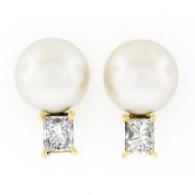 14k Yellow Gold 7.9mm FINE Pearl w/ 0.54 ctw Princess Diamond Drop Stud Earrings